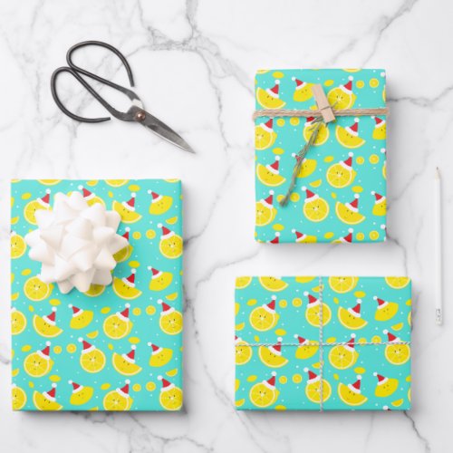 Happy Lemons Santa Hats Pattern Christmas Wrapping Paper Sheets