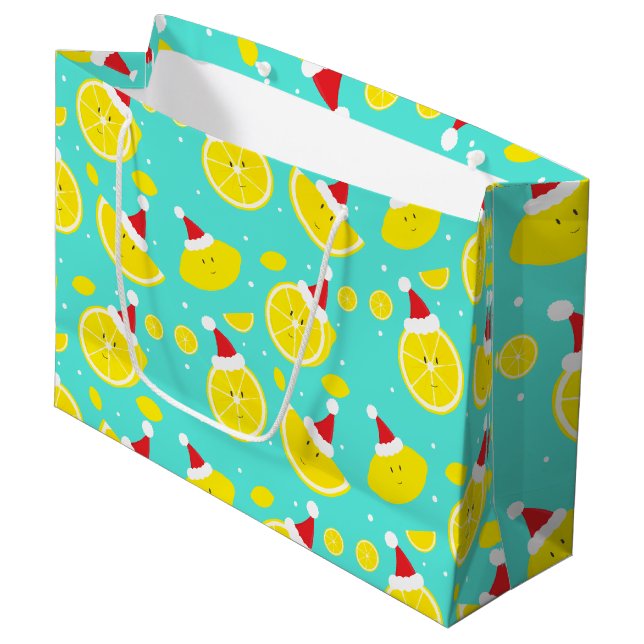 Happy Lemons Wearing Santa Hats Christmas Large Gift Bag (Front Angled)
