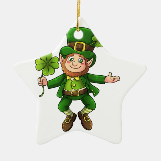 Happy Leprechaun and Shamrock Ceramic Ornament (Front)