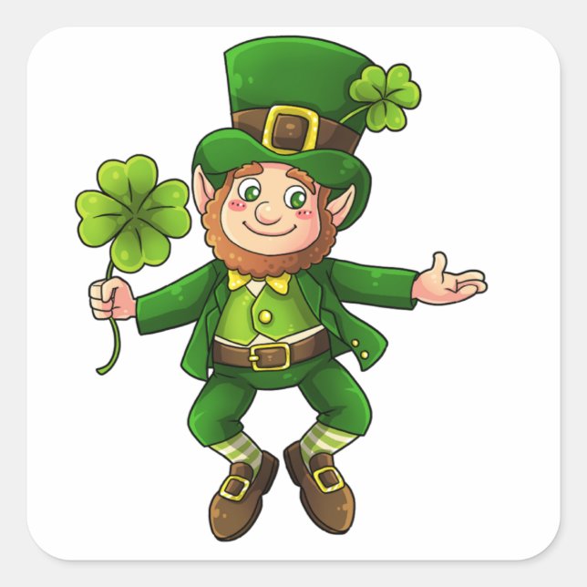 Happy Leprechaun and Shamrock Square Sticker (Front)