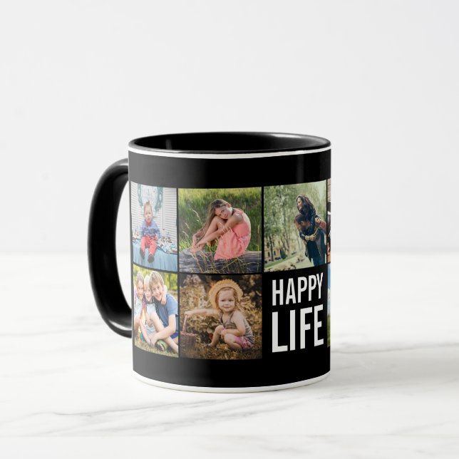 Happy Life Photo Collage Black Custom Coffee Mug (Front Left)