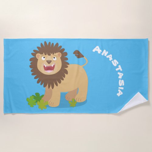 Happy lion roaring cartoon illustration beach towel