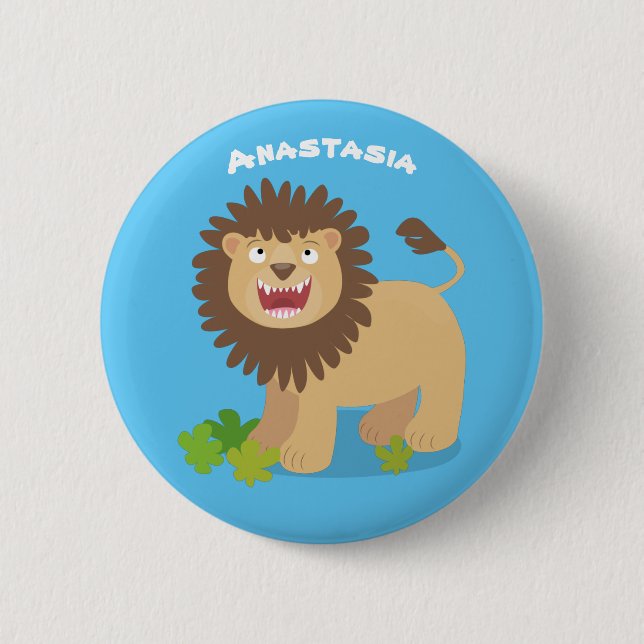 Happy lion roaring cartoon illustration button (Front)