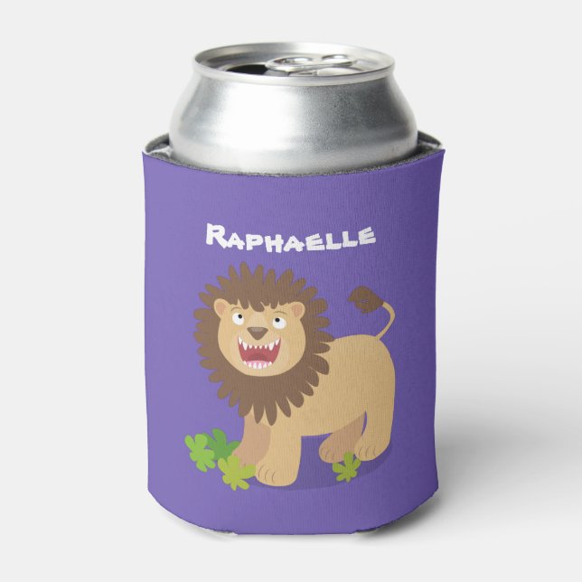 Happy lion roaring cartoon illustration can cooler (Can Front)