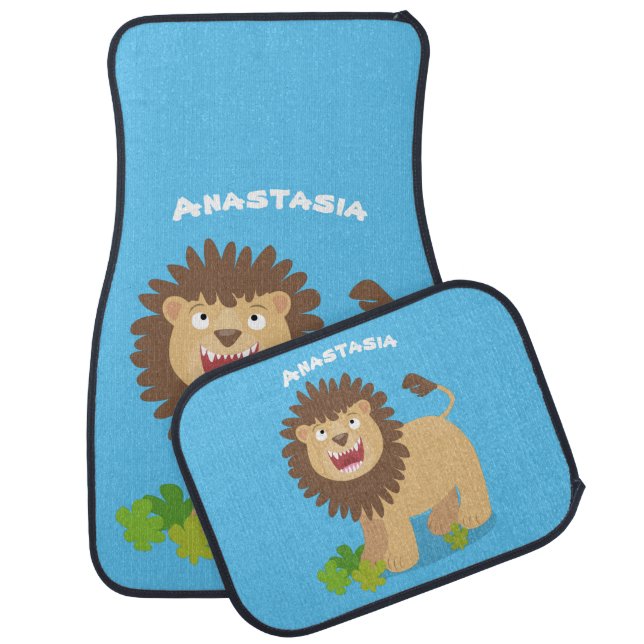 Happy lion roaring cartoon illustration car floor mat (Set)