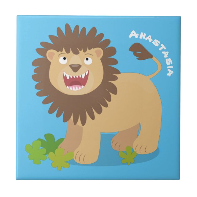 Happy lion roaring cartoon illustration ceramic tile (Front)