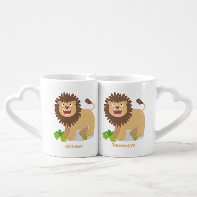 Happy lion roaring cartoon illustration coffee mug set (Back Nesting)