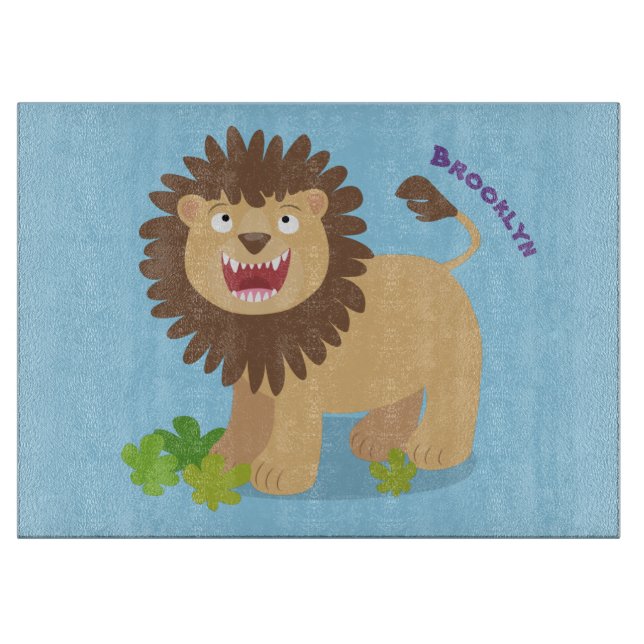 Happy lion roaring cartoon illustration cutting board (Front)