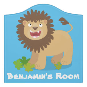 Happy lion roaring cartoon illustration door sign