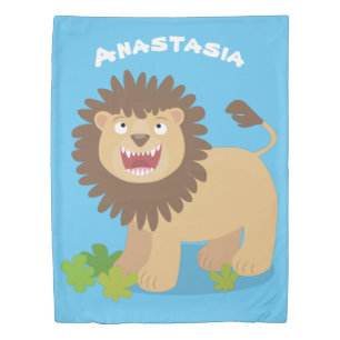 Happy lion roaring cartoon illustration duvet cover