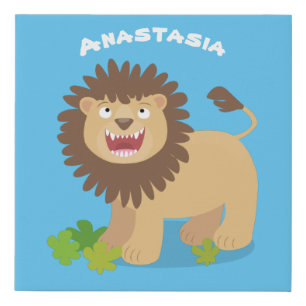 Happy lion roaring cartoon illustration faux canvas print