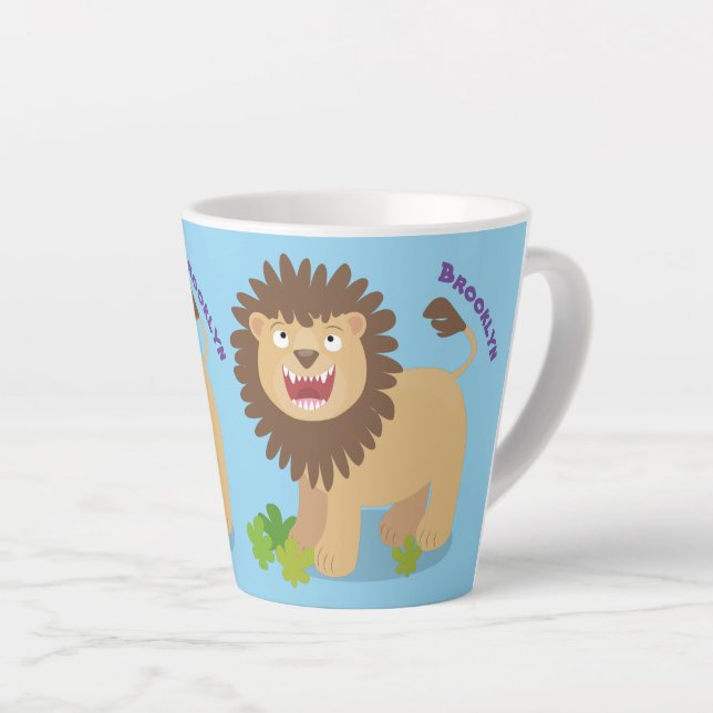 Happy lion roaring cartoon illustration latte mug (Right Angle)