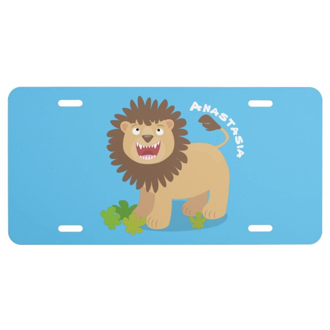 Happy lion roaring cartoon illustration license plate (Front)