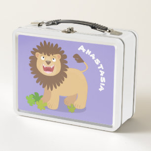 Happy lion roaring cartoon illustration metal lunch box