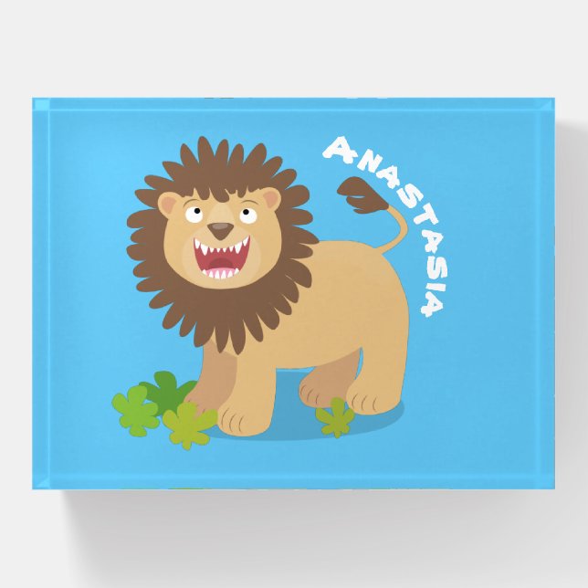 Happy lion roaring cartoon illustration paperweight (Front)