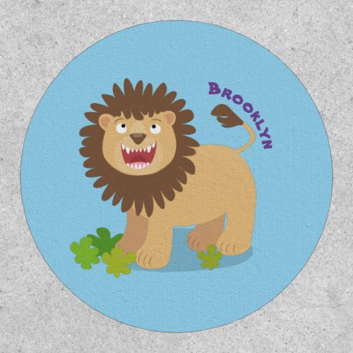 Happy lion roaring cartoon illustration patch