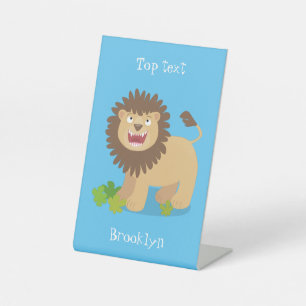 Happy lion roaring cartoon illustration pedestal sign