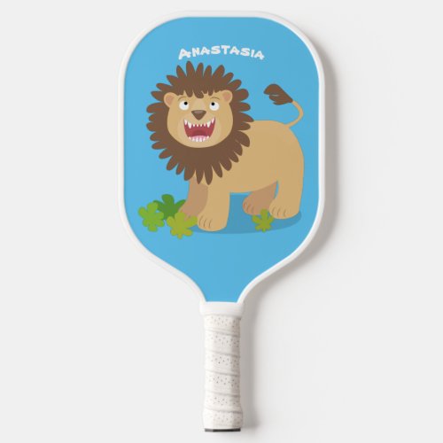 Happy lion roaring cartoon illustration pickleball paddle