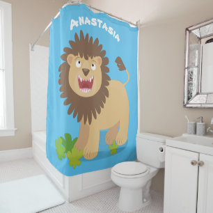 Happy lion roaring cartoon illustration shower curtain