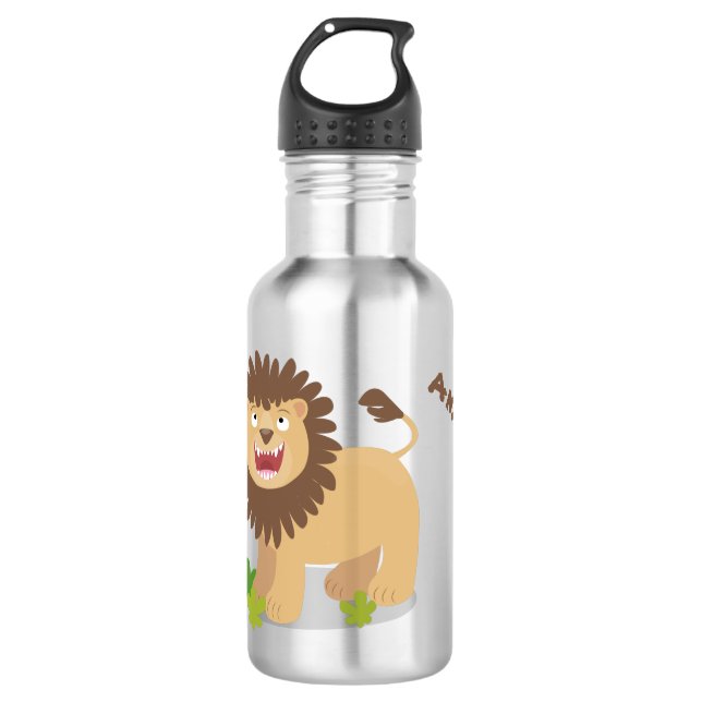 Happy lion roaring cartoon illustration stainless steel water bottle (Front)