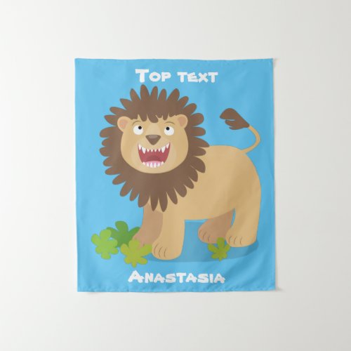 Happy lion roaring cartoon illustration tapestry