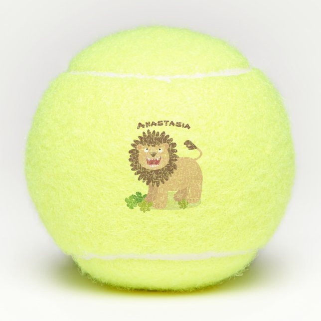 Happy lion roaring cartoon illustration tennis balls (Front)