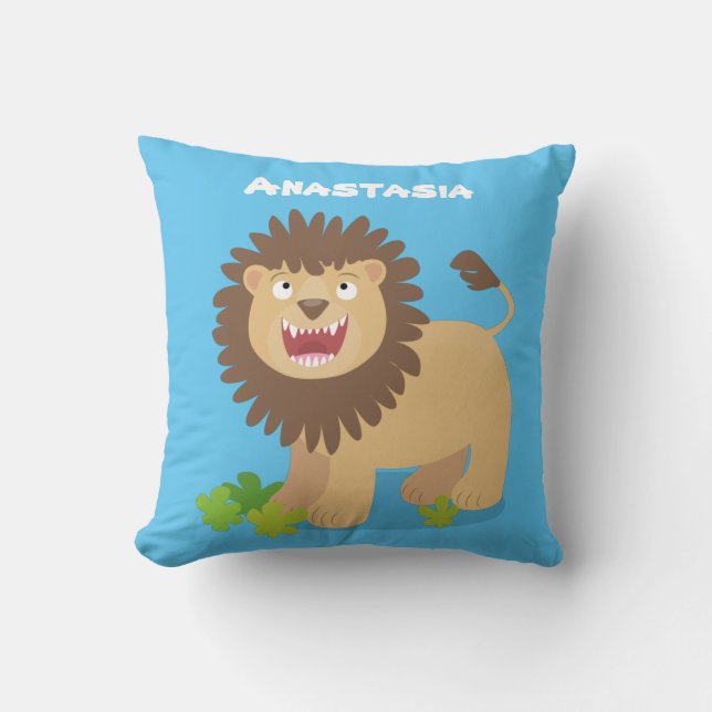 Happy lion roaring cartoon illustration throw pillow (Front)