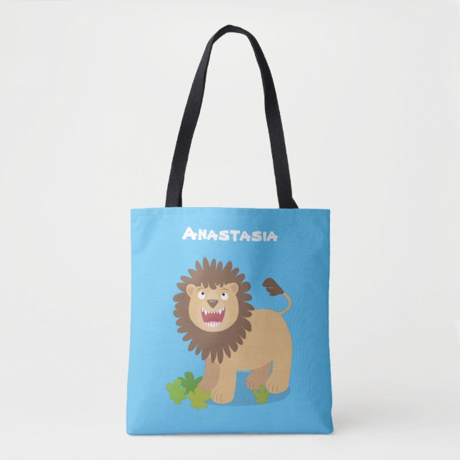 Happy lion roaring cartoon illustration tote bag (Front)