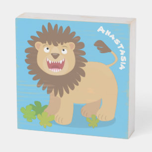 Happy lion roaring cartoon illustration wooden box sign