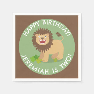 Happy lion roaring cartoon personalized birthday napkins