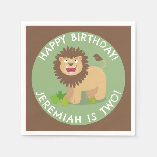 Happy lion roaring cartoon personalized birthday napkins