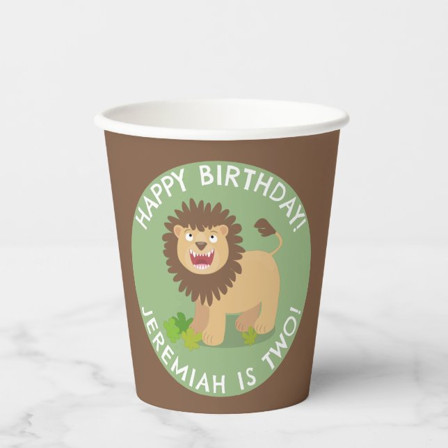Happy lion roaring cartoon personalized birthday paper cups (Front)