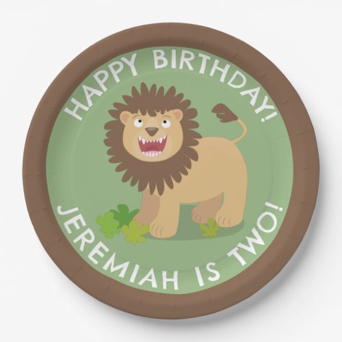 Happy lion roaring cartoon personalized birthday paper plates