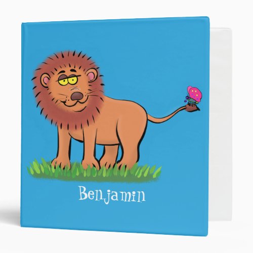 Happy lion with butterfly cartoon illustration 3 ring binder