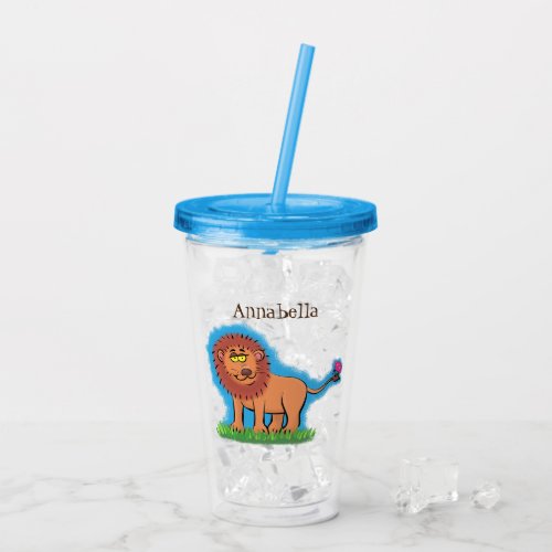 Happy lion with butterfly cartoon illustration acrylic tumbler