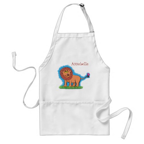 Happy lion with butterfly cartoon illustration adult apron