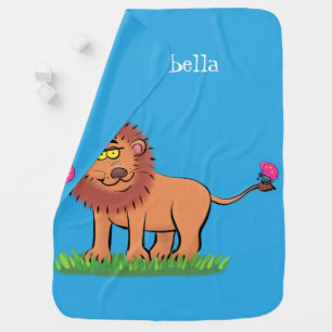 Happy lion with butterfly cartoon illustration baby blanket
