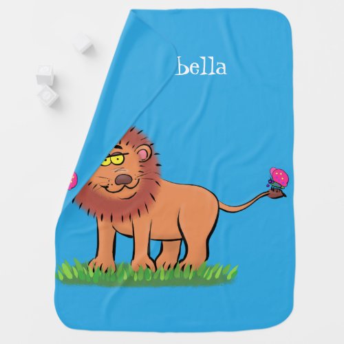 Happy lion with butterfly cartoon illustration baby blanket