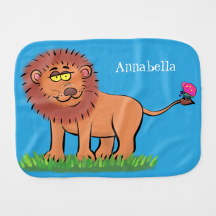 Happy lion with butterfly cartoon illustration baby burp cloth
