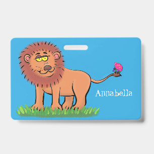 Happy lion with butterfly cartoon illustration badge