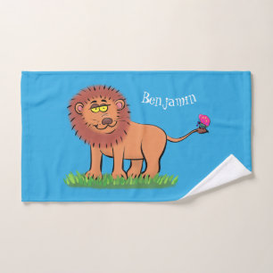 Happy lion with butterfly cartoon illustration bath towel set