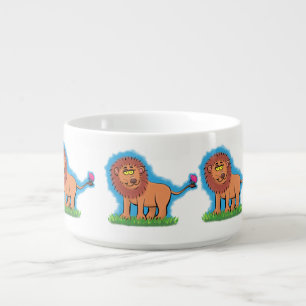 Happy lion with butterfly cartoon illustration bowl