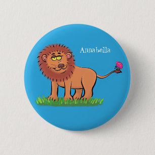 Happy lion with butterfly cartoon illustration button