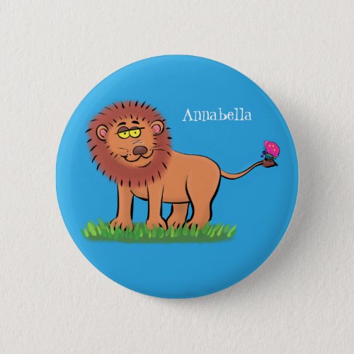 Happy lion with butterfly cartoon illustration button