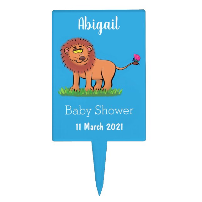 Happy lion with butterfly cartoon illustration cake topper (Front)