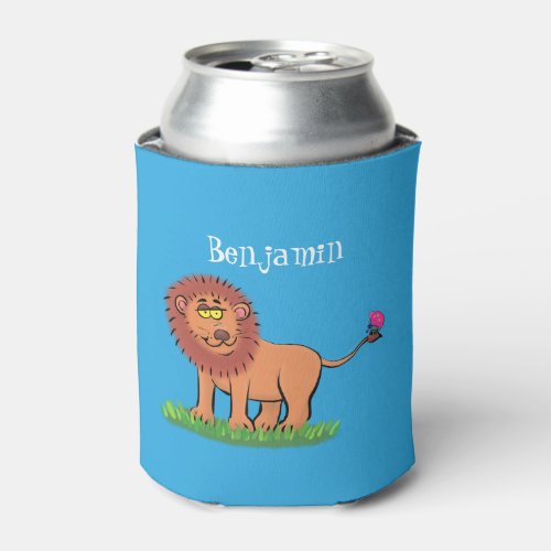 Happy lion with butterfly cartoon illustration can cooler