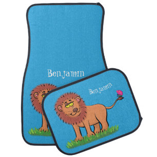 Happy lion with butterfly cartoon illustration car floor mat