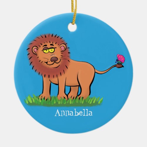 Happy lion with butterfly cartoon illustration ceramic ornament