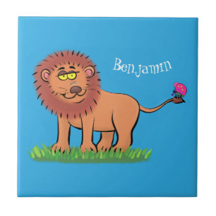 Happy lion with butterfly cartoon illustration ceramic tile