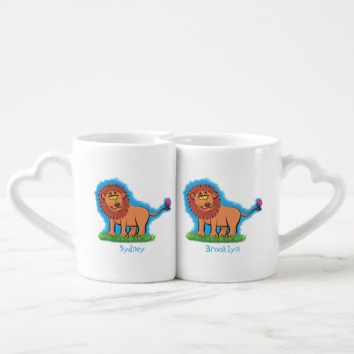 Happy lion with butterfly cartoon illustration coffee mug set